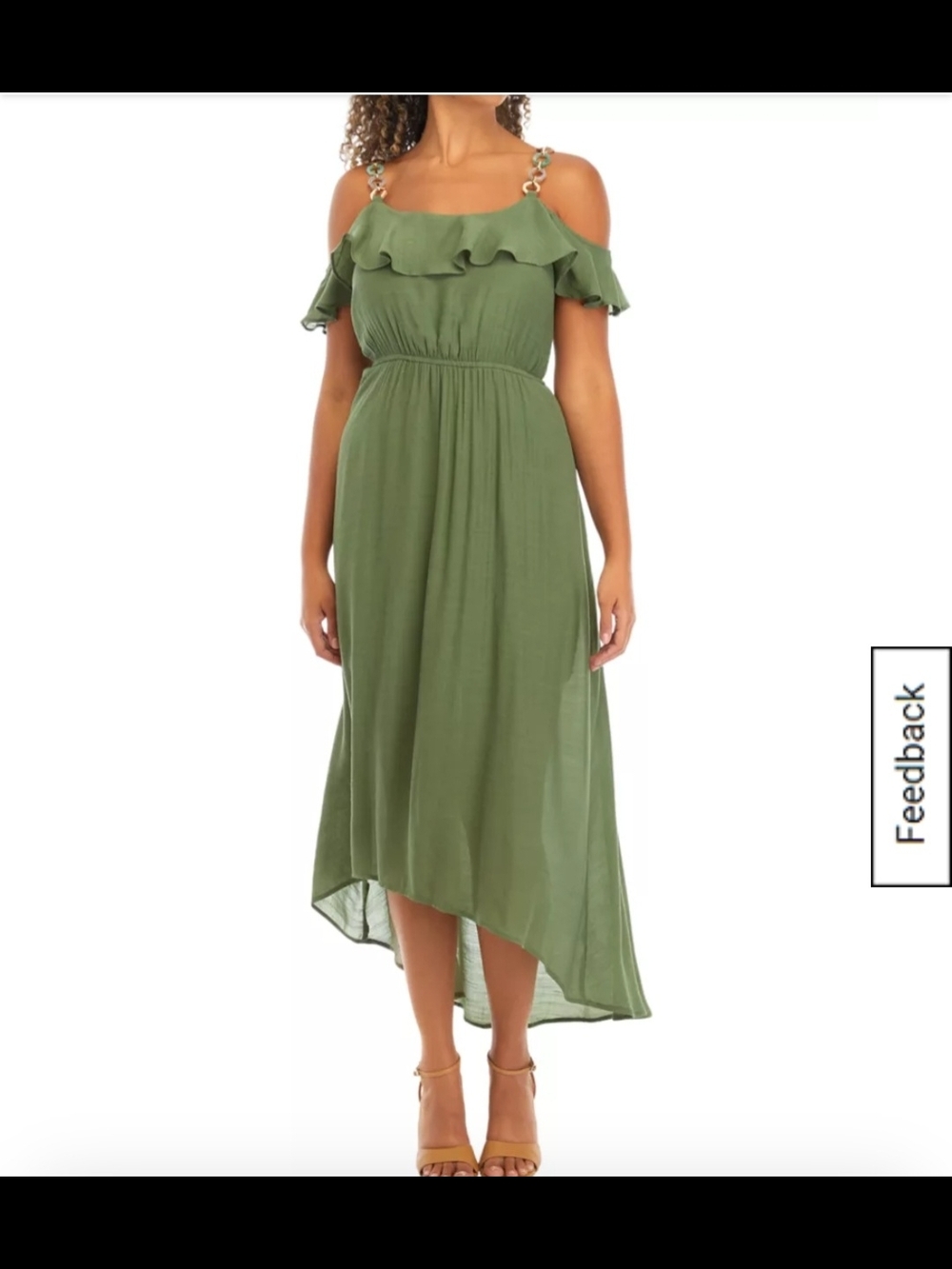 Luxology Olive Green Cold-Shoulder Ruffle Asymmetrical Midi Dress